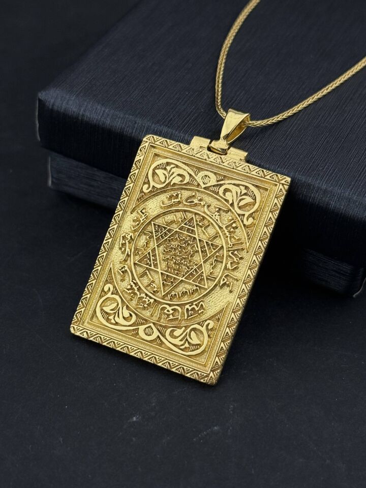 Süleyman Mührü Kolye – Koruyucu Tılsımlı Muska Kolye, Altın Kaplama Mistik Takı, Arka Yüze İsim Yazılır
