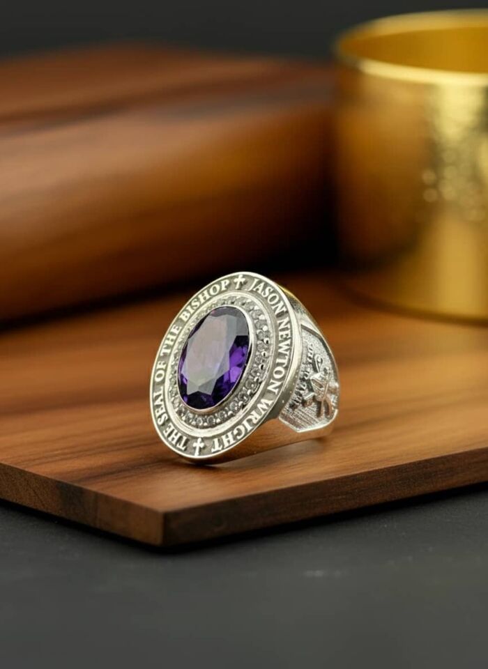Kişiye Özel İsim Yazılı Ametist Taşlı Gümüş Piskopos Yüzüğü