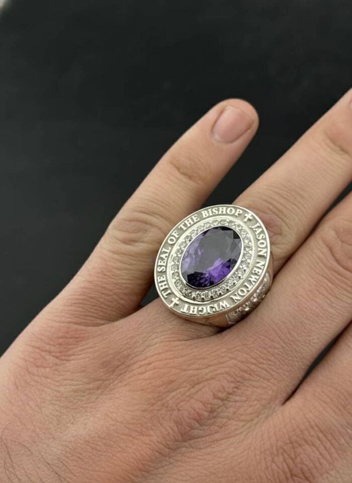 Kişiye Özel İsim Yazılı Ametist Taşlı Gümüş Piskopos Yüzüğü