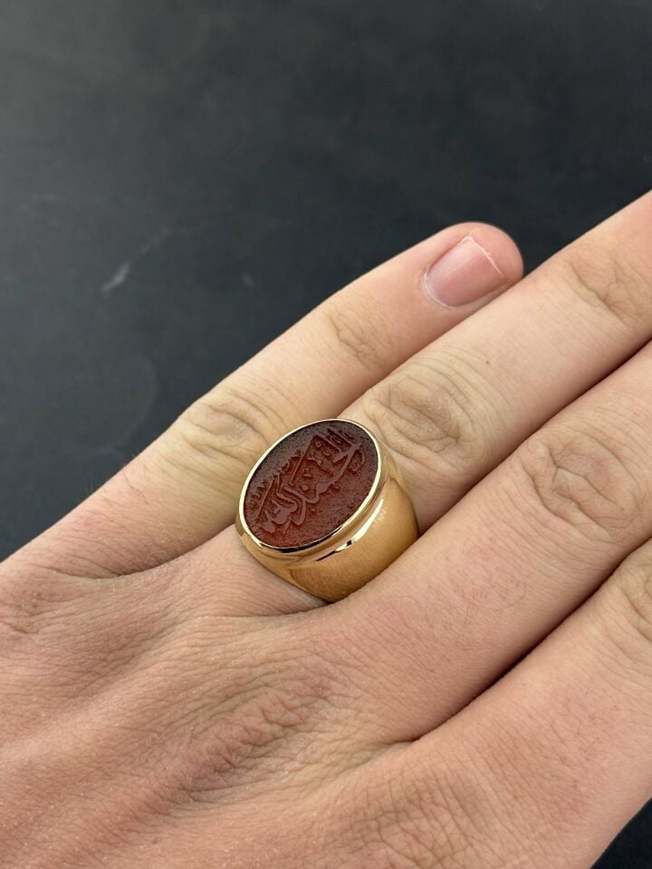Kişiye Özel Akik Taşlı Yüzük – Altın Kaplama Gümüş Erkek Yüzük, Üzerine İsim veya Dua Yazılır, Tılsımlı Özel Tasarım