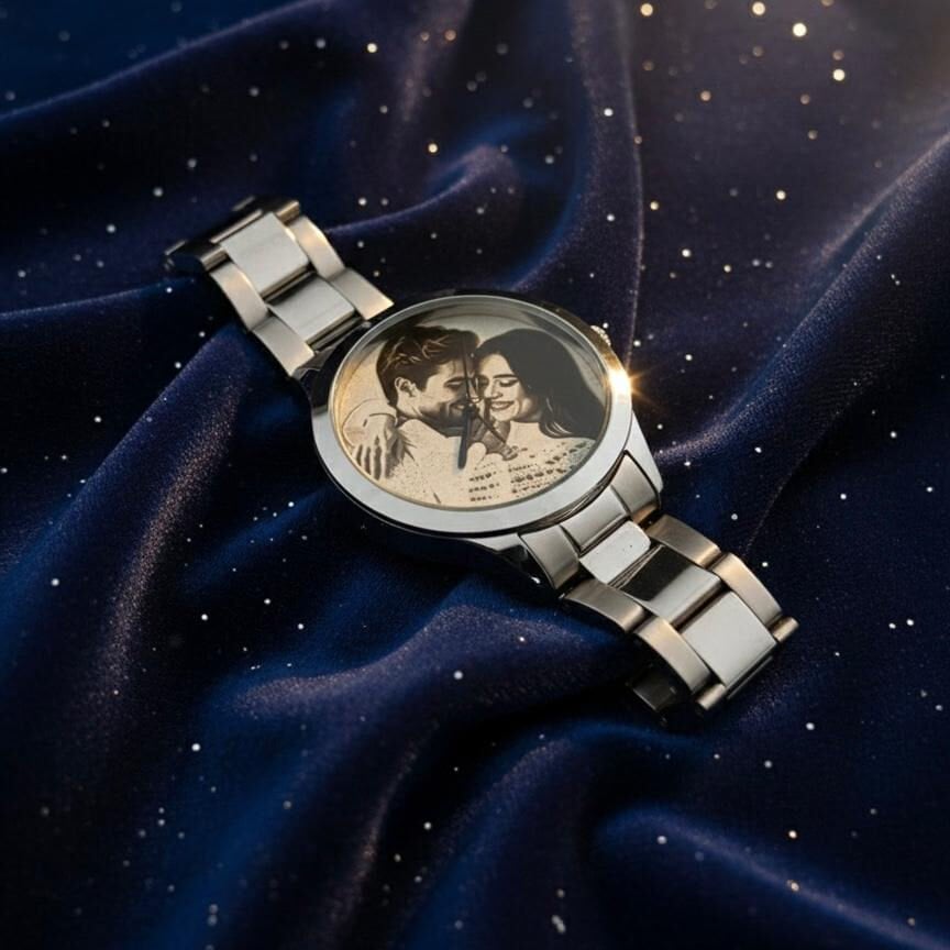 Kişiye Özel Fotoğraflı Gümüş İşlemeli Kol Saati
