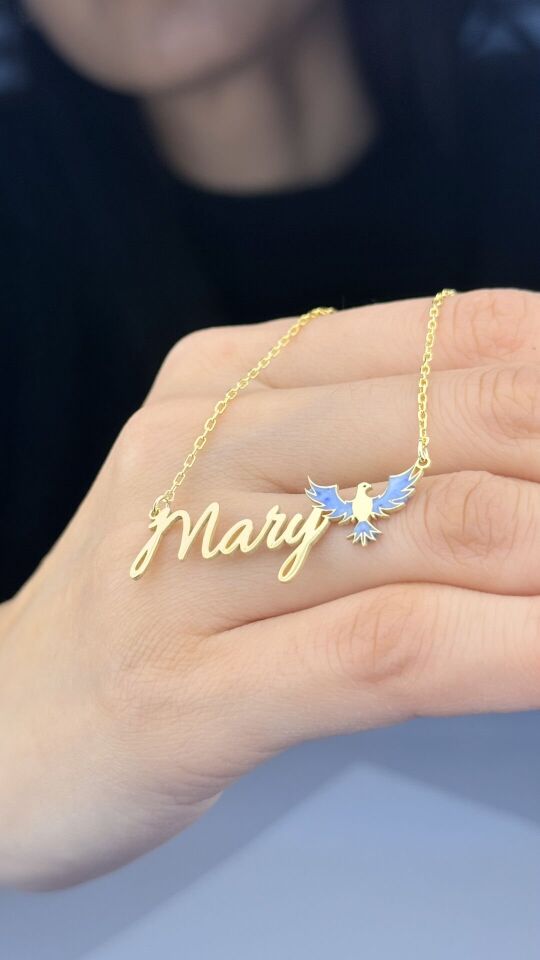 Kuş Figürlü İsim Kolye – Kişiselleştirilebilir Gümüş Takı 65 cm - Gümüş (Silver) Renk