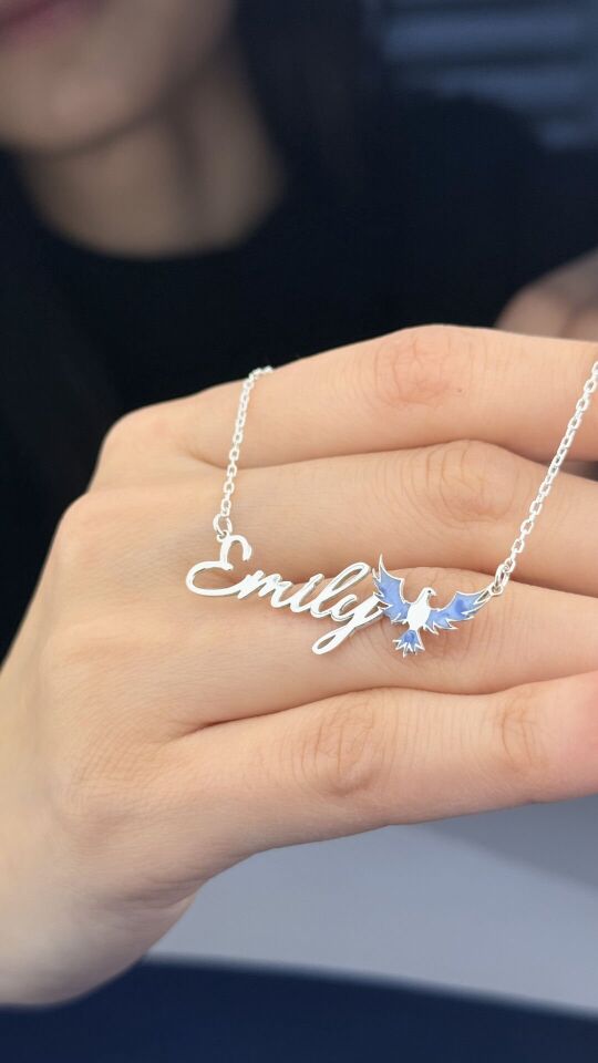 Kuş Figürlü İsim Kolye – Kişiselleştirilebilir Gümüş Takı 65 cm - Rose Altın Kaplama