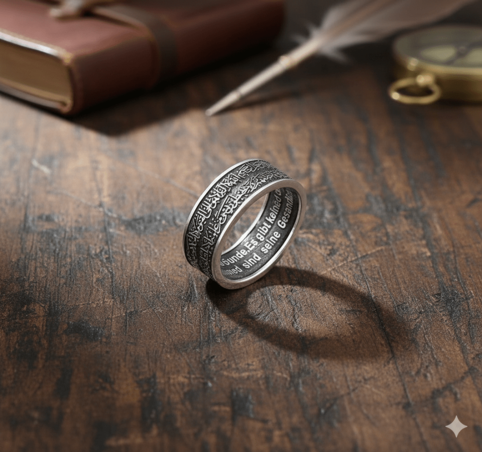 Kişiselleştirilebilir Ayet-el Kürsi İşlemeli Gümüş İslam Alyans - İç-Dış Özel Yazılı