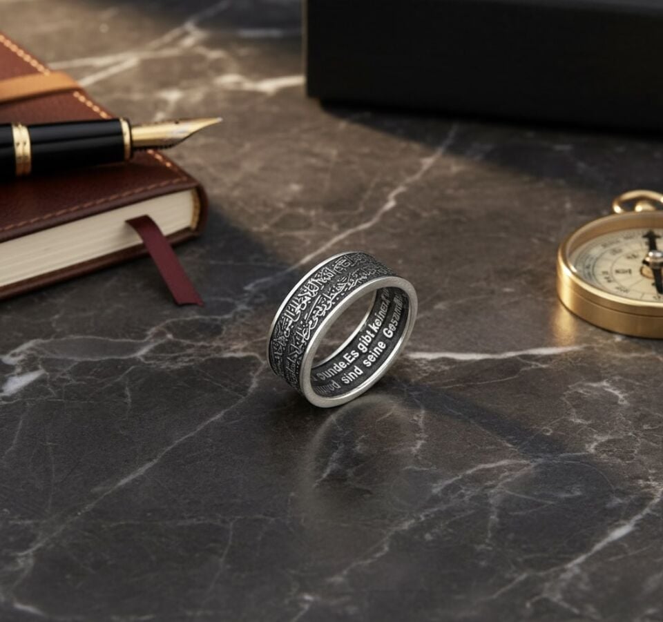 Kişiselleştirilebilir Ayet-el Kürsi İşlemeli Gümüş İslam Alyans - İç-Dış Özel Yazılı