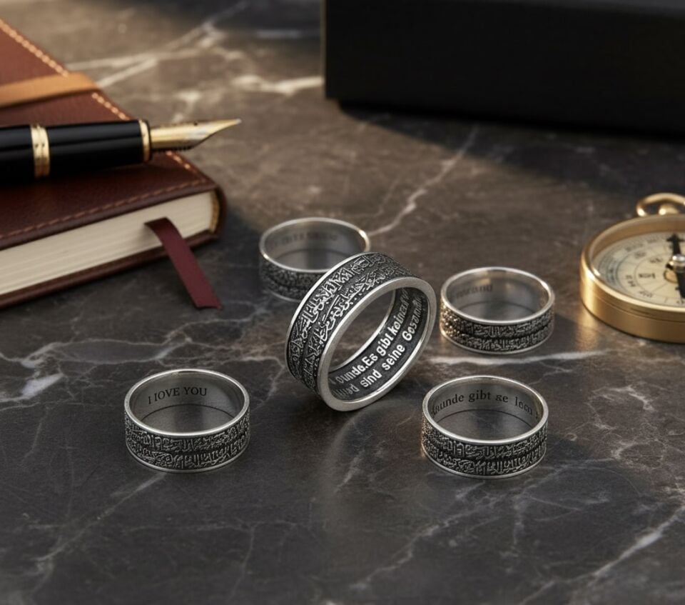 Kişiselleştirilebilir Ayet-el Kürsi İşlemeli Gümüş İslam Alyans - İç-Dış Özel Yazılı