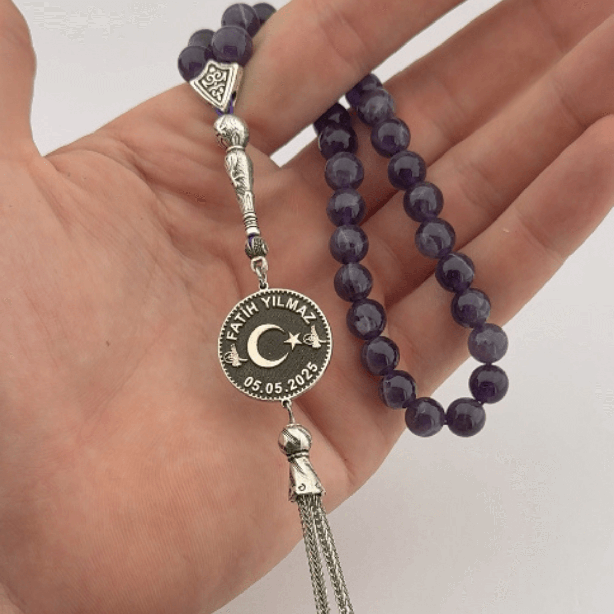 Kişiye Özel Ametist Taşlı Tesbih – Gümüş Diskli & Disksiz Seçenekli