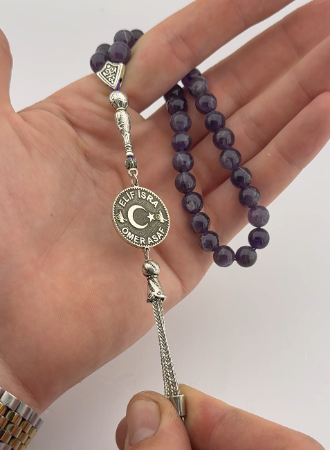 Kişiye Özel Ametist Taşlı Tesbih – Gümüş Diskli & Disksiz Seçenekli