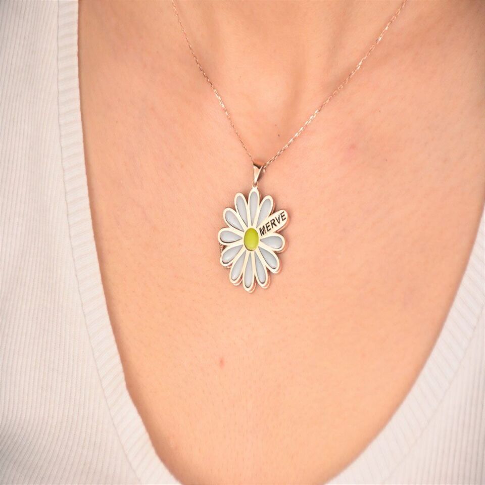 Kişiye Özel Papatya Şeklinde Açılır Kolye – Fotoğraflı ve Yazılı Hatıra Hediyesi Gümüş - Silver - 55 cm