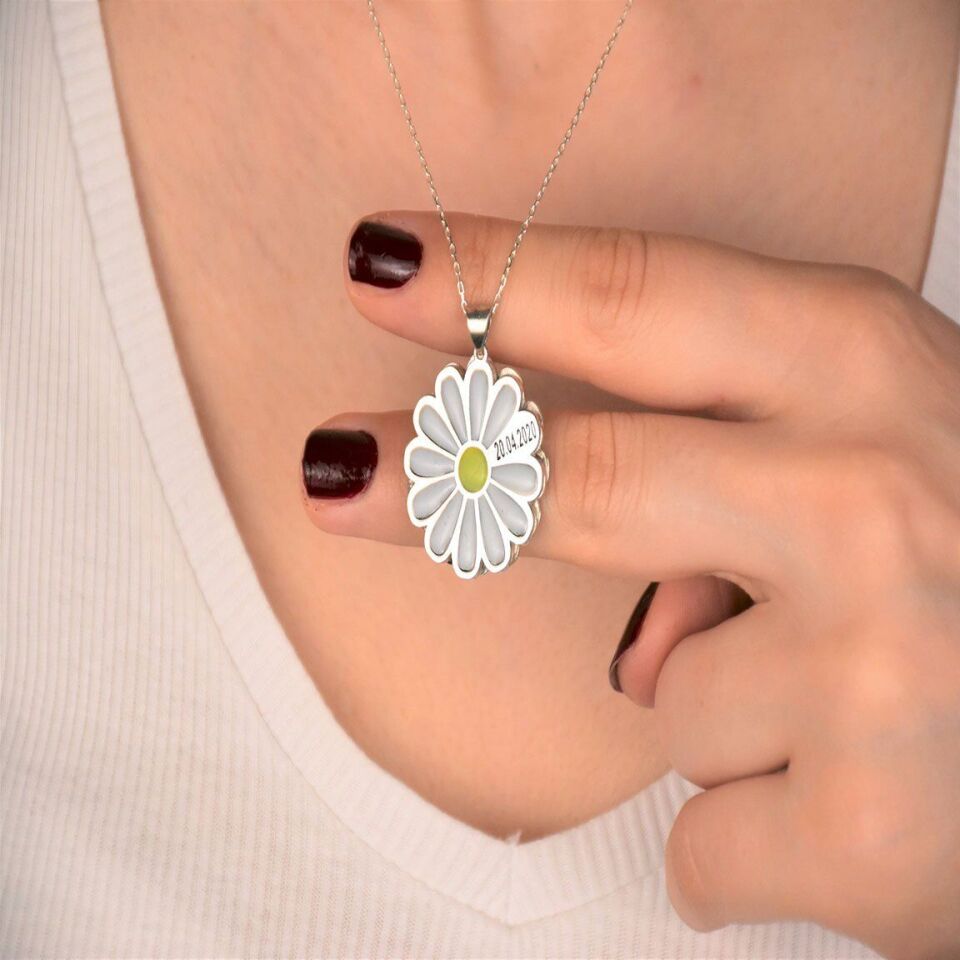 Kişiye Özel Papatya Şeklinde Açılır Kolye – Fotoğraflı ve Yazılı Hatıra Hediyesi Sarı Altın  - 55 cm