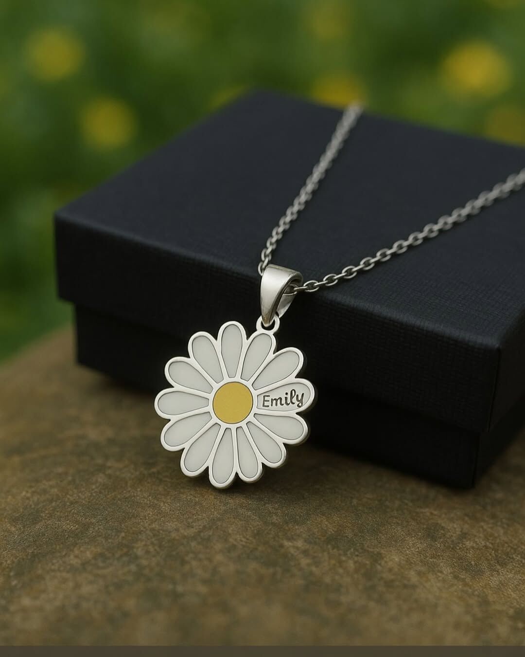 Kişiye Özel Papatya Şeklinde Açılır Kolye – Fotoğraflı ve Yazılı Hatıra Hediyesi Sarı Altın  - 55 cm