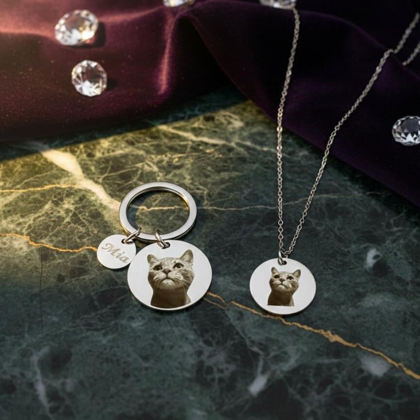 Kişiye Özel Fotoğraf İşlemeli Kedi Kolye | Gümüş Pet Kolye Takı