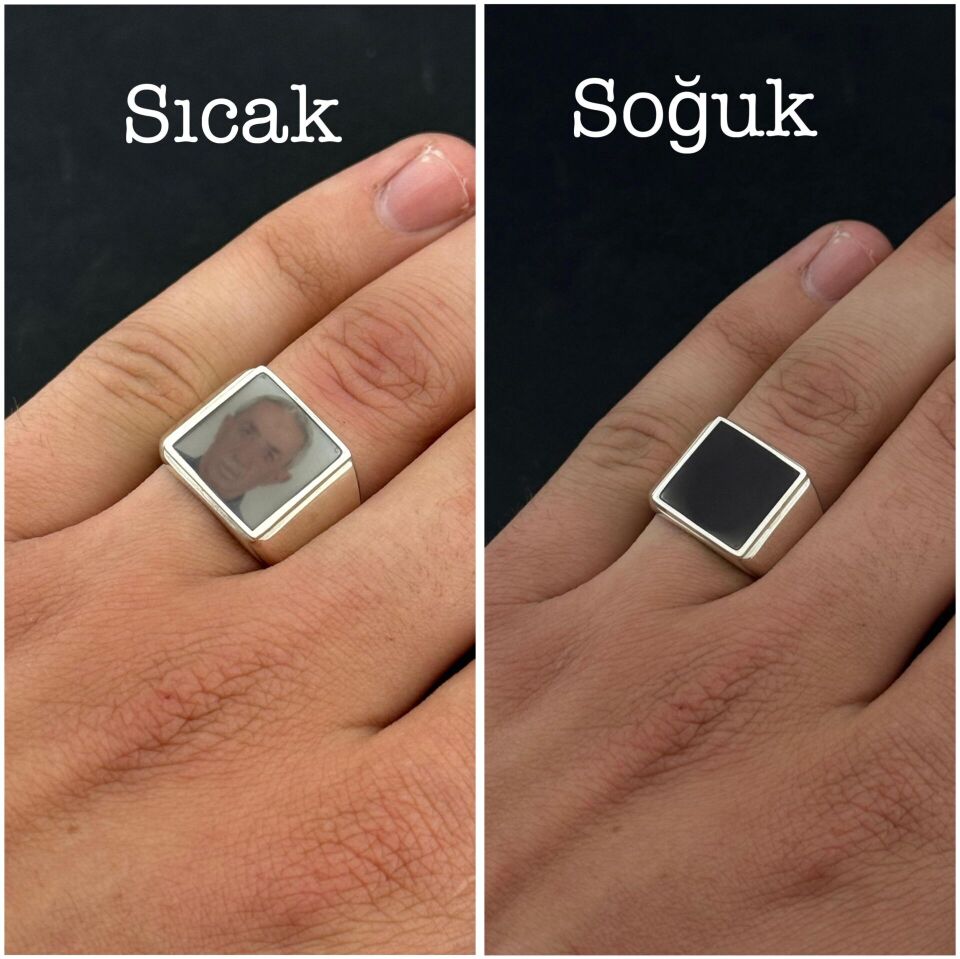 Isıya Duyarlı Kişiye Özel Fotoğraflı Gümüş Erkek Yüzük- Babalar Günü Hediyesi