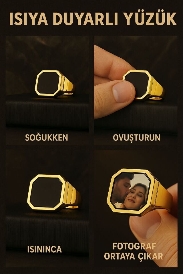Isıya Duyarlı Kişiye Özel Fotoğraflı Gümüş Erkek Yüzük- Babalar Günü Hediyesi 12 - Sarı Altın 