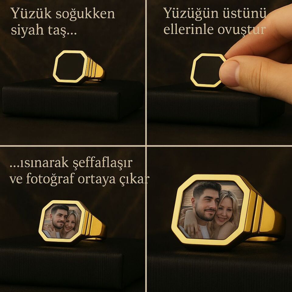 Isıya Duyarlı Kişiye Özel Fotoğraflı Gümüş Erkek Yüzük- Babalar Günü Hediyesi 19 - Sarı Altın 