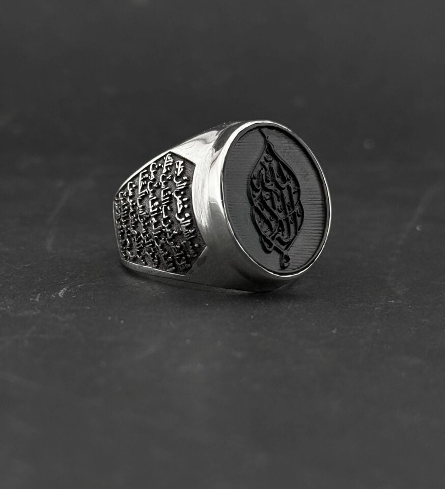 925 Ayar Gümüş Onyx Taşlı Hat Yazılı Erkek Yüzük – Kişiye Özel İslami Yazı Seçenekli
