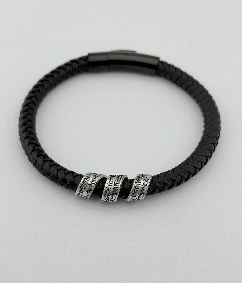 Ayetel Kürsi Yazılı Burgulu Gümüş ve Hakiki Deri Bileklik – tarikusta.com 21cm