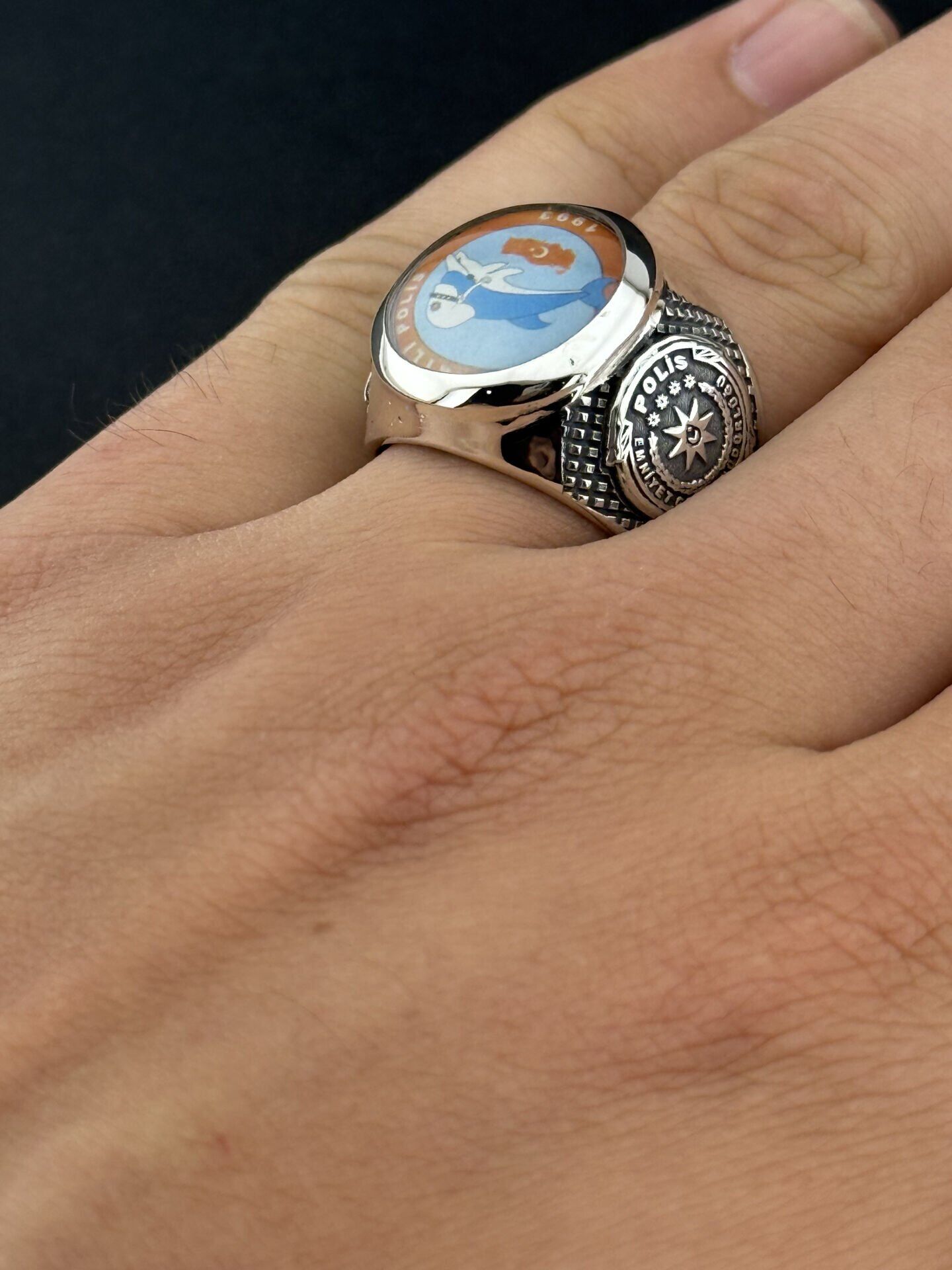 Kişiye Özel 925 Ayar Gümüş Yunus Polis Yüzüğü – Emniyet Armalı & Ay Yıldız Detaylı Sarı Altın  - 10