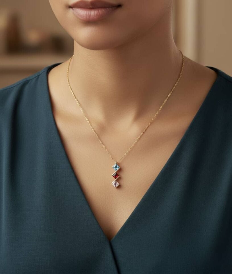 Kişiselleştirilebilir Kare Kesim Doğum Taşı Kolye - 1-5 Taş Seçenekli