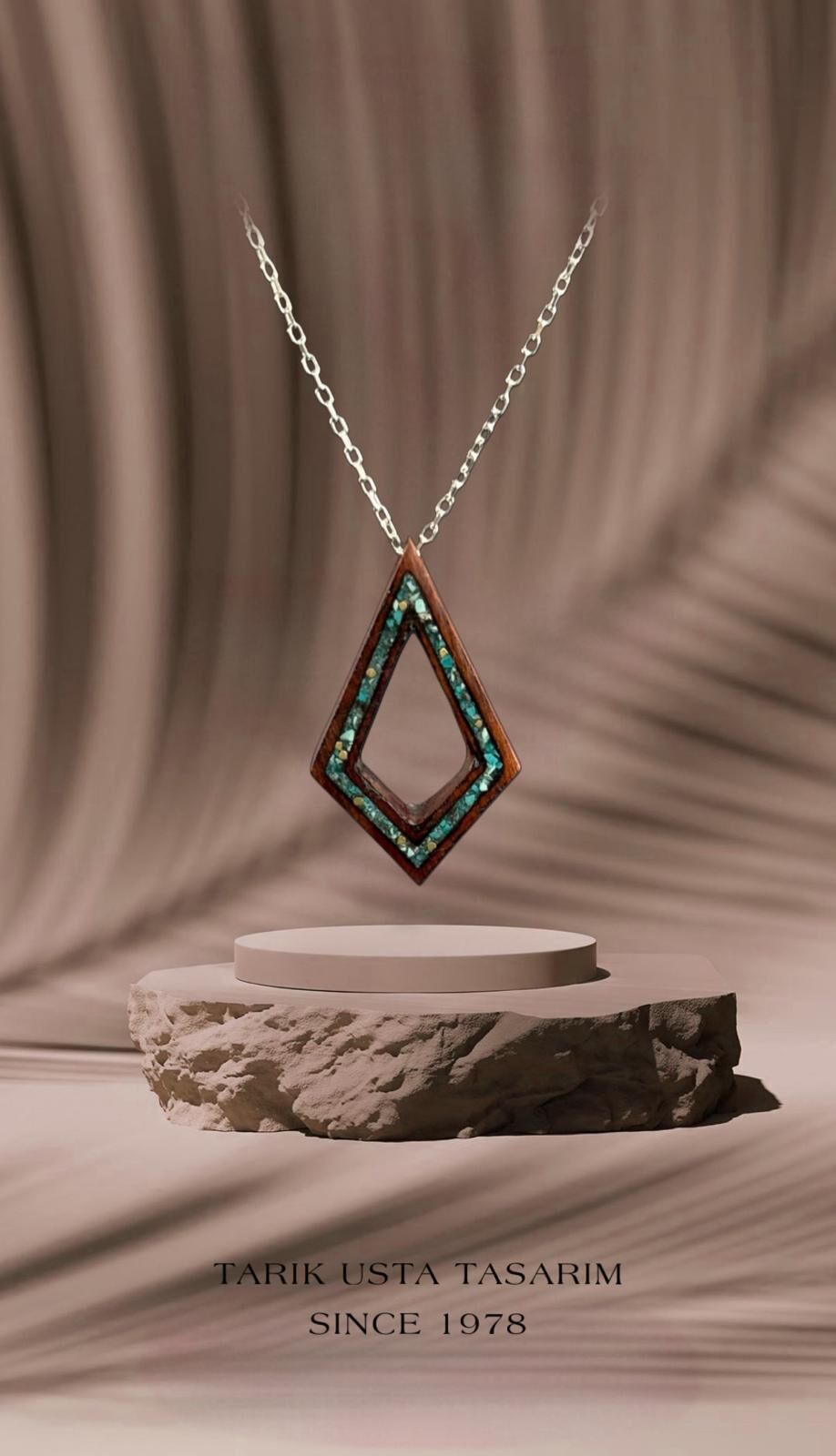 Zeytin Ağacı Motifli, Turkuaz ve Firuze Taşlı Prizma Kolye 50 cm