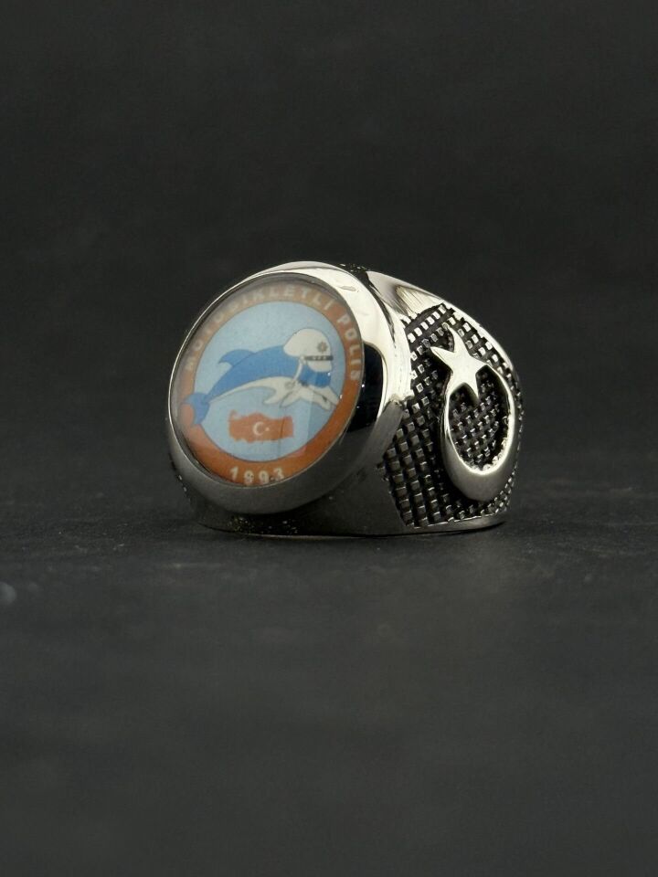 Kişiye Özel 925 Ayar Gümüş Yunus Polis Yüzüğü – Emniyet Armalı & Ay Yıldız Detaylı Gümüş - Silver - 16