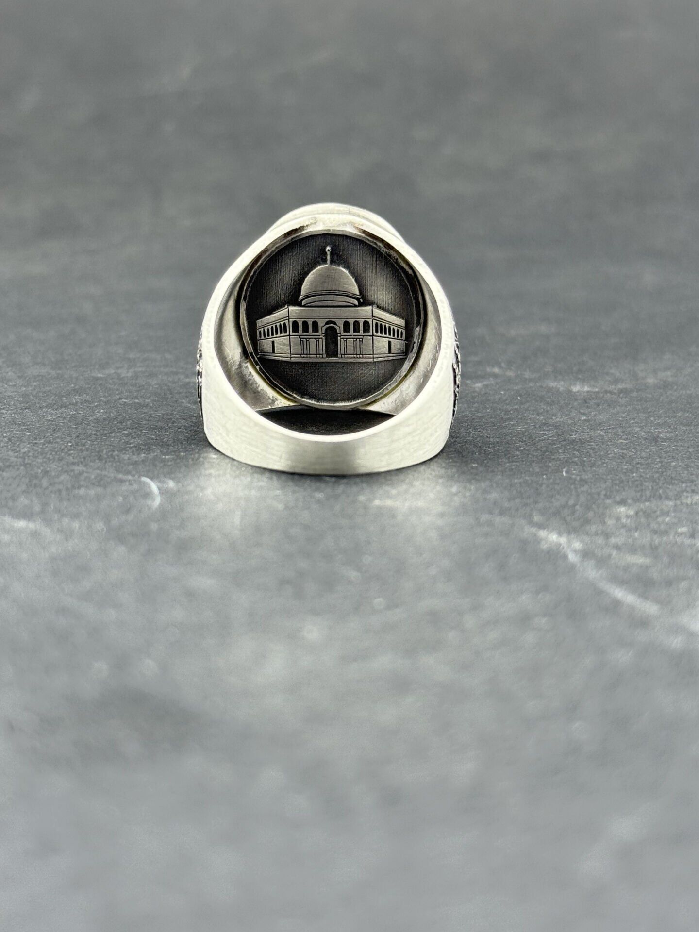 925 Ayar Gümüş Ayetel Kürsi, Felak ve Nas Dualı Erkek Yüzük – Mescid-i Aksa İşlemeli Koruyucu Yüzük Sarı Altın  - 11