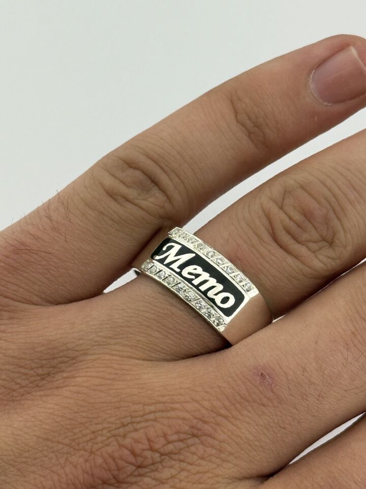 925 Ayar Gümüş İsim Yazılabilir Taşlı Erkek Yüzük – Kişiye Özel Hediye Sarı Altın  - 10