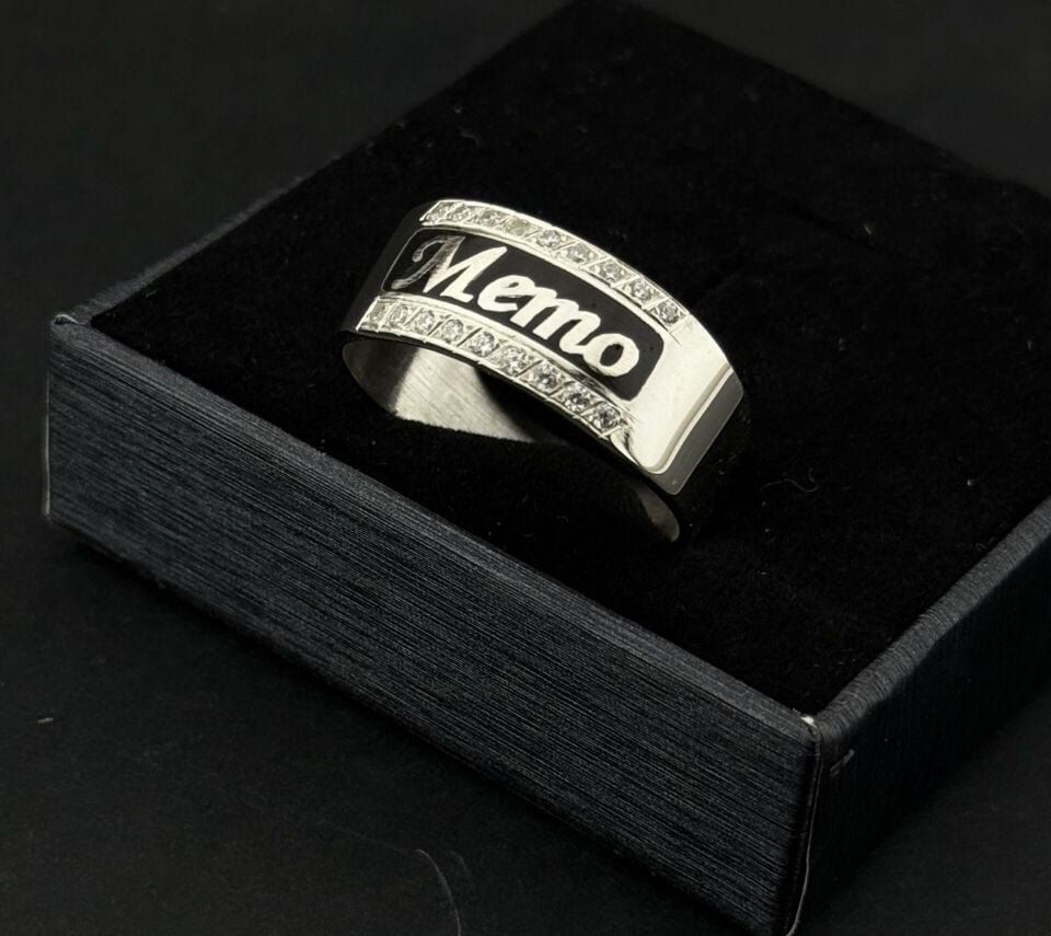 925 Ayar Gümüş İsim Yazılabilir Taşlı Erkek Yüzük – Kişiye Özel Hediye Gümüş - Silver - 14