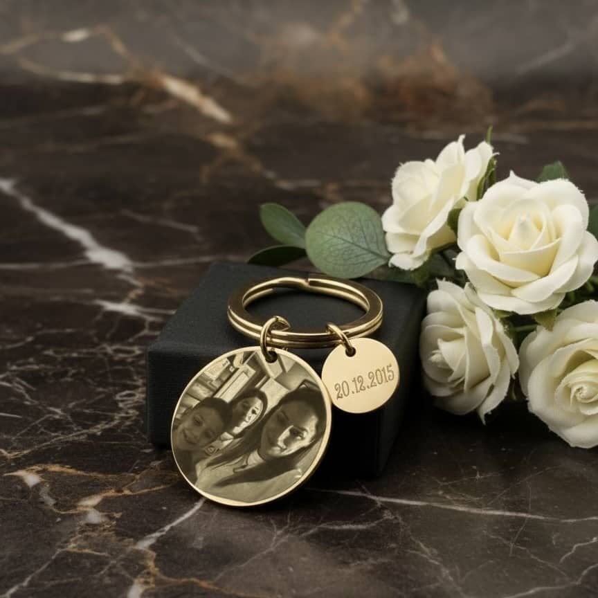 Kişiye Özel Fotoğraf İşlemeli Anahtarlık | İsim & Tarih Yazılı Yuvarlak Çelik Anahtarlık – Hediye Kutulu