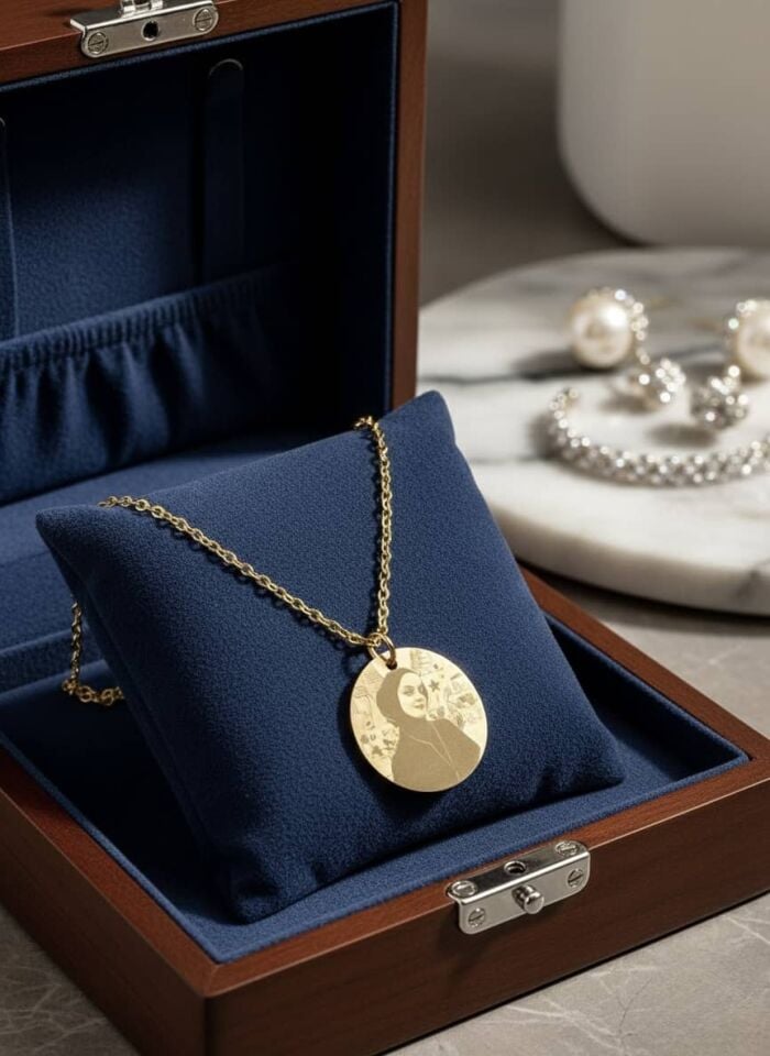 Kişiye Özel Fotoğraf İşlemeli Kolye | 20 mm Yuvarlak Çelik Kolye – Gümüş & Gold Renk | Hediye Kutulu