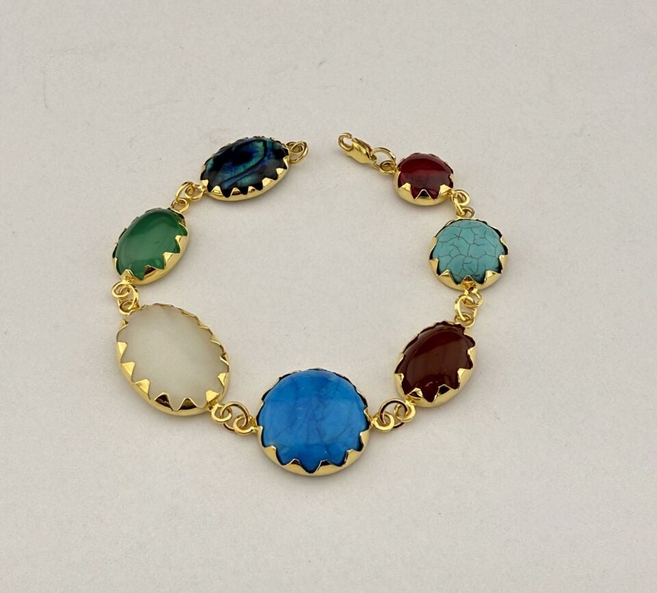 Doğal Taşlı Renkli Bileklik – Lal, Turkuaz, Akik, Firuze, Sedef, Yeşim ve Kuvars Taşlı Altın Kaplama Tasarım 925 Ayar Gümüş