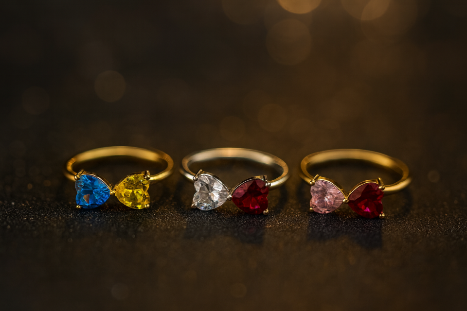 İki Kalpli Doğum Taşı Yüzük – Kişiye Özel Altın Kaplama Aile Yüzüğü | Anne Çocuk Hediye | Sevgili ve Eşlere Özel Anlamlı Takı