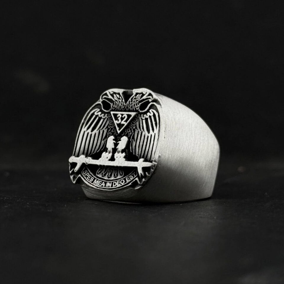 32. Derece İskoç Riti Özel Tasarım Gümüş Yüzük - Çift Başlı Kartal ve ''Spes Mea In Deo Est'' Yazılı