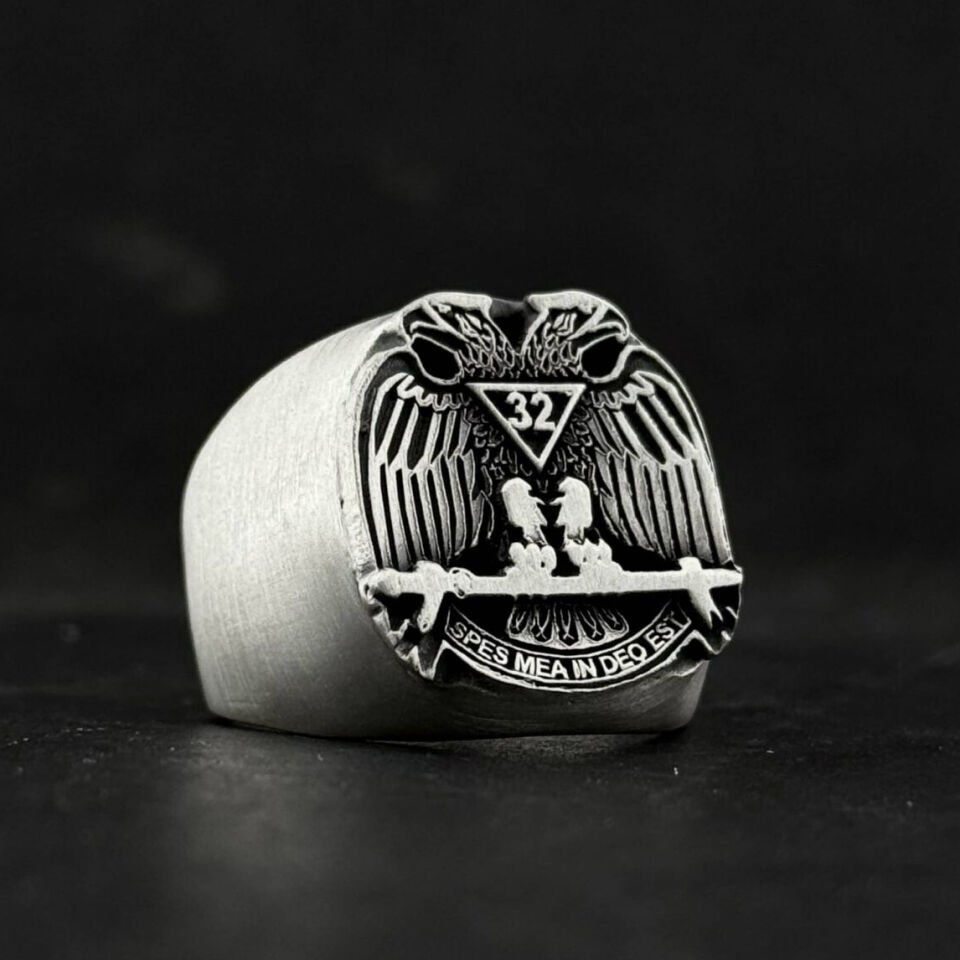 32. Derece İskoç Riti Özel Tasarım Gümüş Yüzük - Çift Başlı Kartal ve ''Spes Mea In Deo Est'' Yazılı