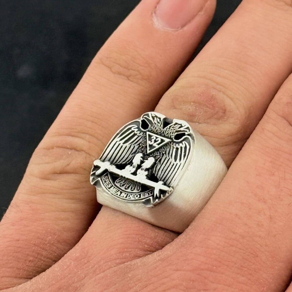 32. Derece İskoç Riti Özel Tasarım Gümüş Yüzük - Çift Başlı Kartal ve ''Spes Mea In Deo Est'' Yazılı