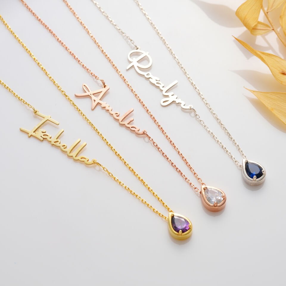 Kişiye Özel İsimli Damla Doğum Taşı Kolye | Gold & Gümüş & Rose Kaplama