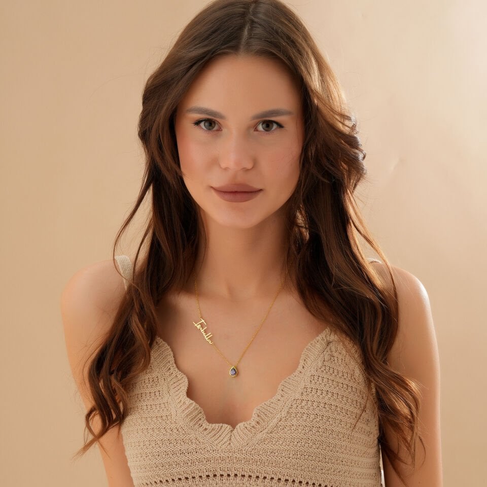 Kişiye Özel İsimli Damla Doğum Taşı Kolye | Gold & Gümüş & Rose Kaplama