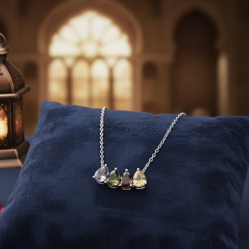 Damla Kesim Renkli Taşlı Aile Kolyesi - 1'den 5'e Taş Seçeneği