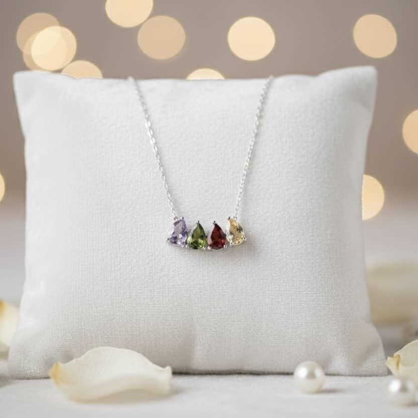 Damla Kesim Renkli Taşlı Aile Kolyesi - 1'den 5'e Taş Seçeneği