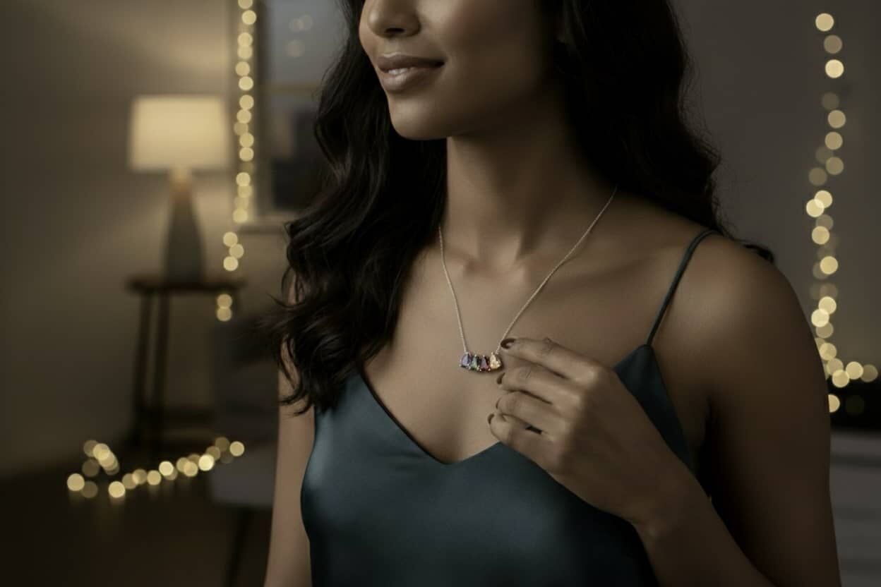 Damla Kesim Renkli Taşlı Aile Kolyesi - 1'den 5'e Taş Seçeneği