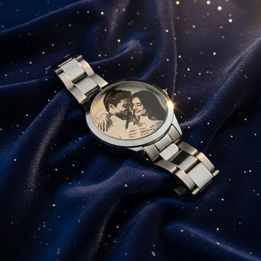 Kişiye Özel Gümüş Plaka Resimli Saat - Sevgililer Günü Hediyesi